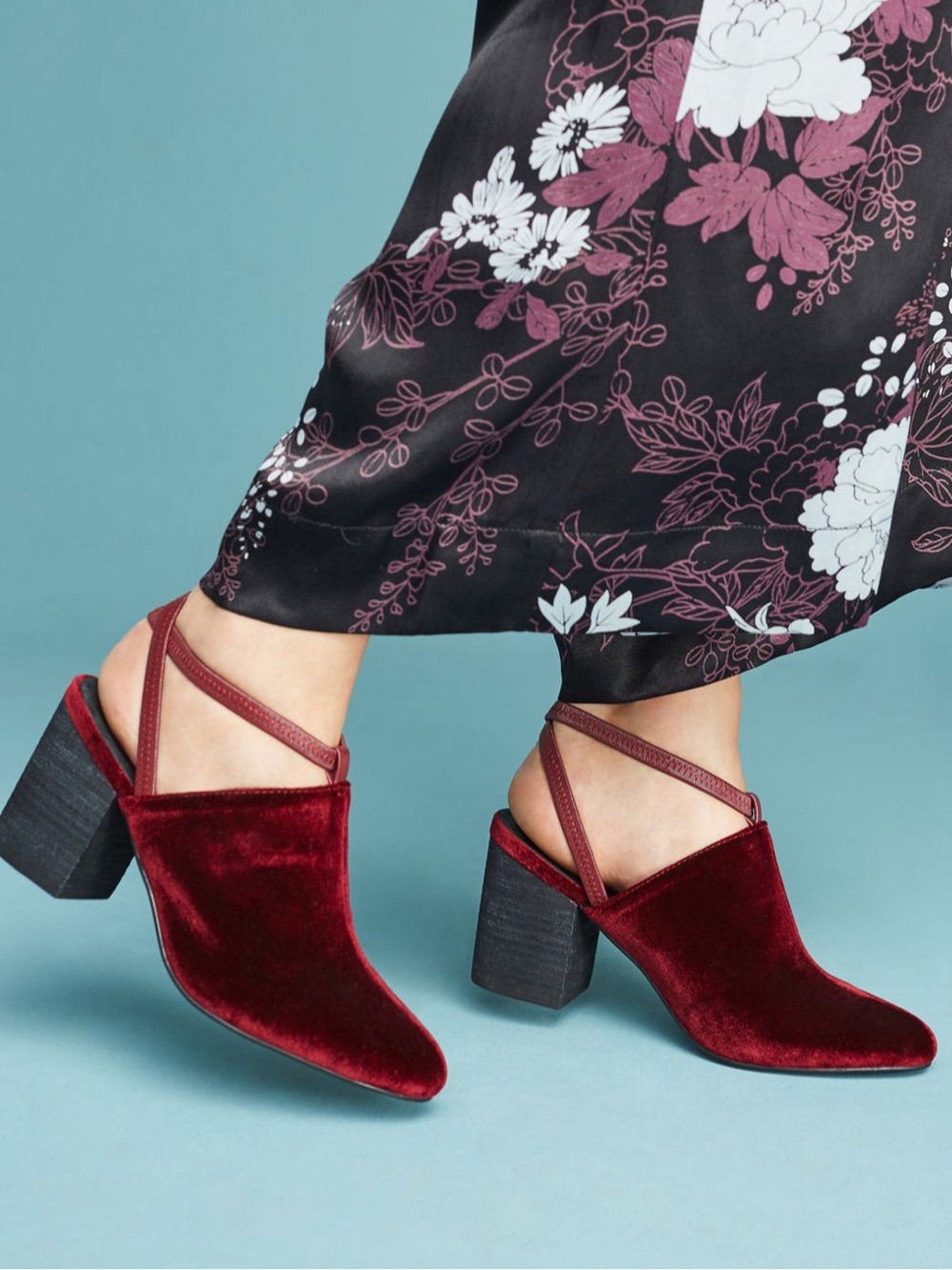 Intentionally Blank Heels Patron Mules in Red Wine Velvet